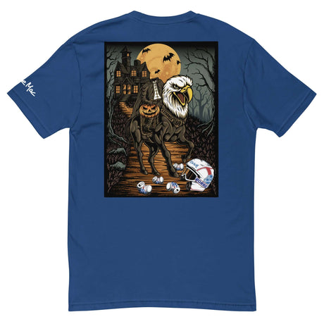 Spooky Headless Mac shirt featuring a headless rider on an eagle horse with a pumpkin, perfect for Halloween celebrations.