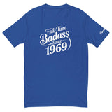 Blue "Full-time Badass Since 1969" T-shirt for moto enthusiasts