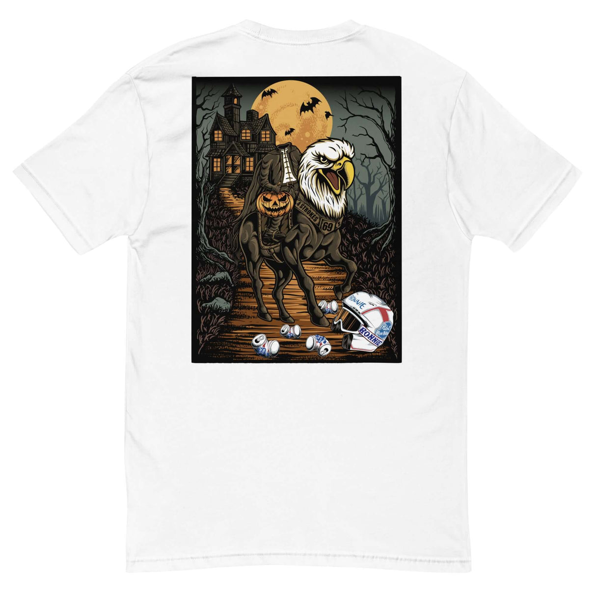 Headless Mac shirt featuring eagle horse and pumpkin rider, Halloween-themed design with spooky mansion background.