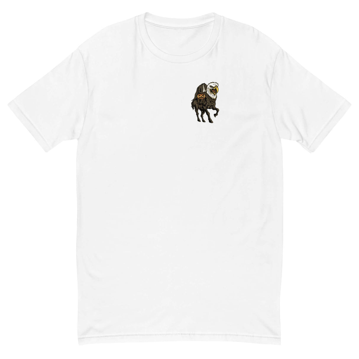 Headless Mac Halloween shirt featuring Ronnie Mac riding an eagle-headed horse with a pumpkin, spooky unique design