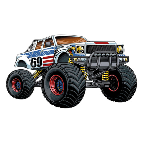 Cartoon monster truck with American flag design and oversized tires.