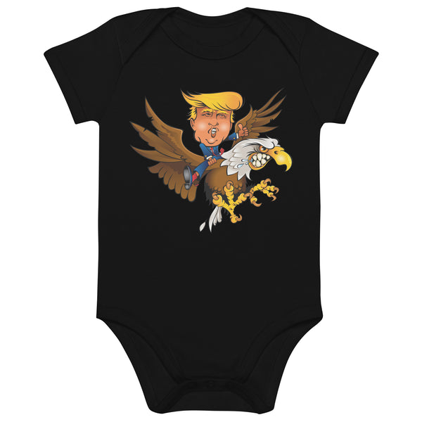 Trump riding a Screamin Eagle on a black organic cotton baby onesie, playful and stylish for little ones.