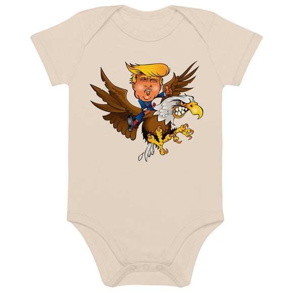 Baby onesie featuring Trump riding a Screamin Eagle design, made from soft organic cotton for comfort and style.