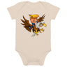 Baby onesie featuring Trump riding a Screamin Eagle design, made from soft organic cotton for comfort and style.