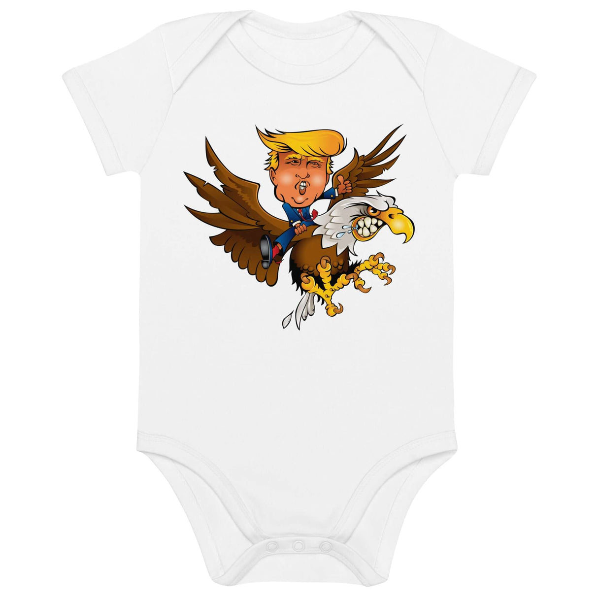 Baby onesie featuring cartoon Trump riding a Screamin Eagle, crafted from soft organic cotton for comfort.
