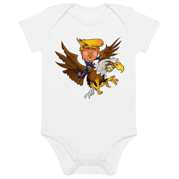 Baby onesie featuring cartoon Trump riding a Screamin Eagle, crafted from soft organic cotton for comfort.