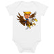 Baby onesie featuring cartoon Trump riding a Screamin Eagle, crafted from soft organic cotton for comfort.