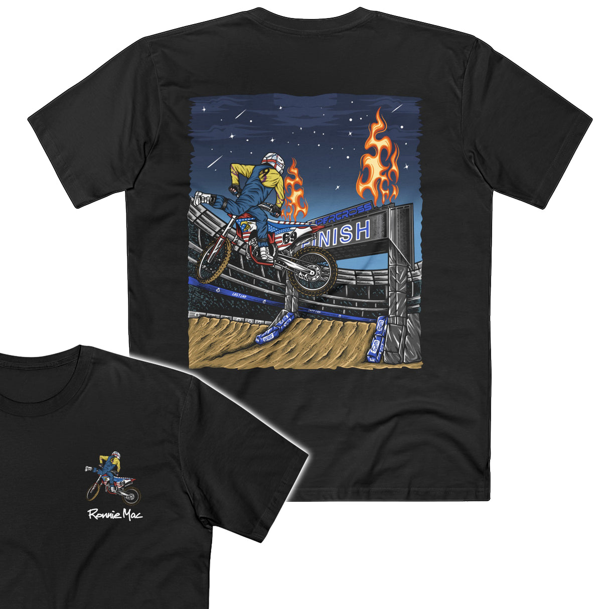 Supercross Mac Nac Shirt featuring Ronnie Mac performing stunt graphic on black tee, perfect for motocross fans and event days.