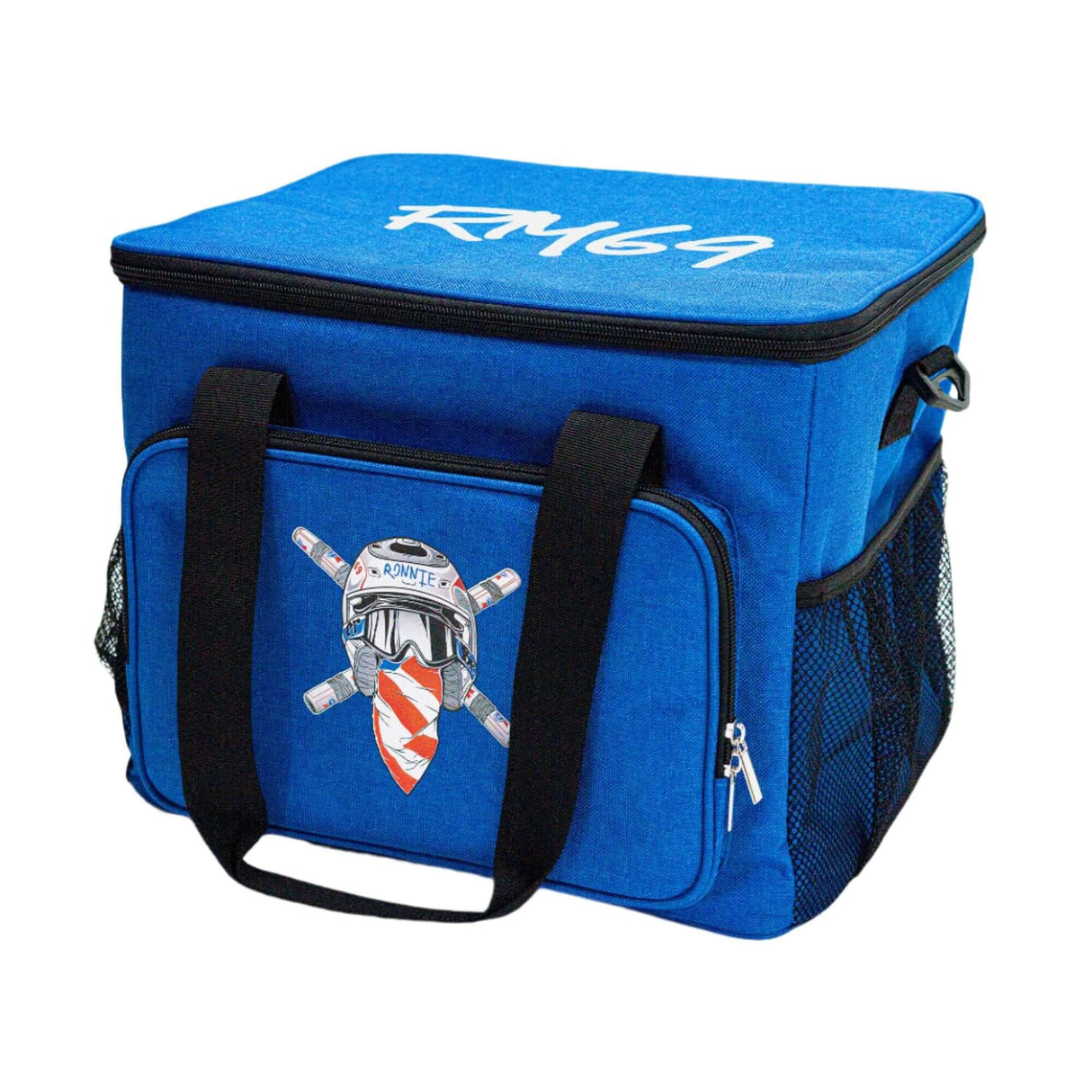 Blue Ronnie Mac soft cooler featuring RM69 logo and crossbones graphic for ultimate chilling.