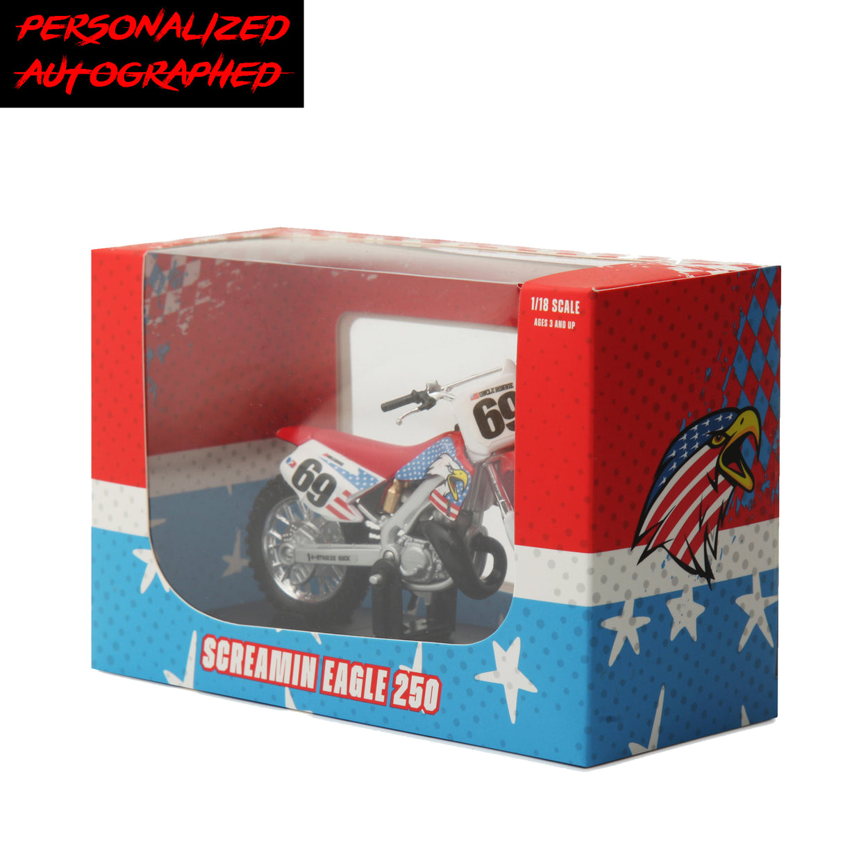 Personalized signed Ronnie Mac Screamin Eagle bike replica in packaging, showcasing 1/18 scale details.