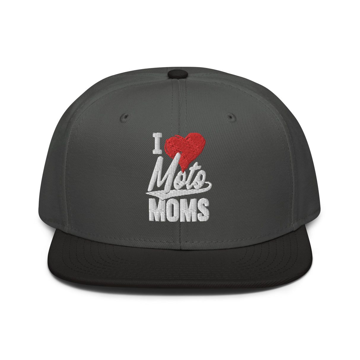 "I Heart Moto Mom's embroidered snapback hat, structured design with flat visor, grey color scheme, ideal for motorcycle enthusiast moms"
