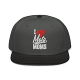 "I Heart Moto Mom's embroidered snapback hat, structured design with flat visor, grey color scheme, ideal for motorcycle enthusiast moms"