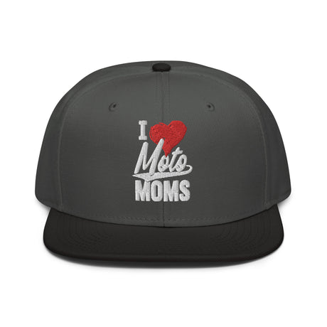 "I Heart Moto Mom's embroidered snapback hat, structured design with flat visor, grey color scheme, ideal for motorcycle enthusiast moms"