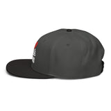 "I Heart Moto Mom's embroidered snapback hat with a structured high-profile design and flat visor, side view."