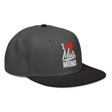 "I Heart Moto Moms embroidered snapback hat with flat visor, high-profile design, ideal for motorcycle enthusiasts."