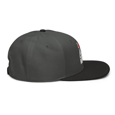 I Heart Moto Mom's embroidered snapback hat in dark color, side view showing flat visor and structured design.