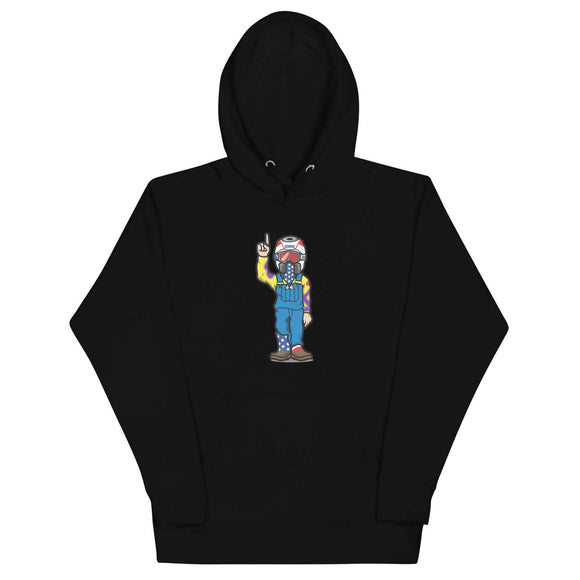 RonnieMac character hoodie featuring eye-catching design on black fabric, perfect for making a standout fashion statement.