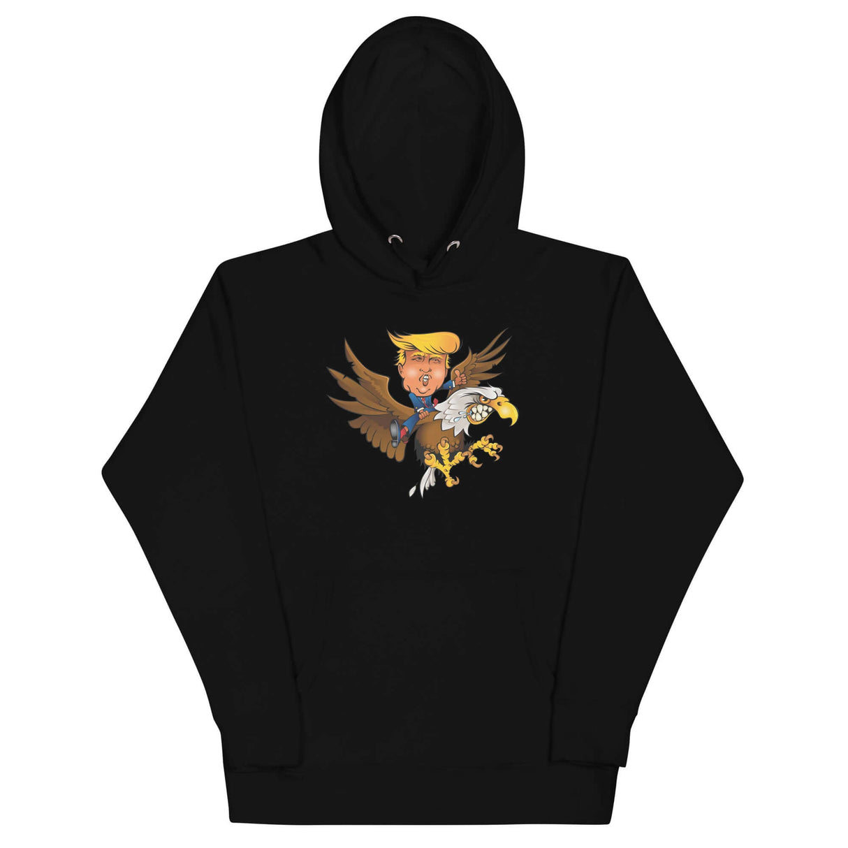 Trump riding a screaming eagle graphic on a black hoodie, perfect for trendsetters and future leaders.