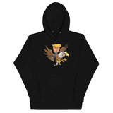 Trump riding a screaming eagle graphic on a black hoodie, perfect for trendsetters and future leaders.