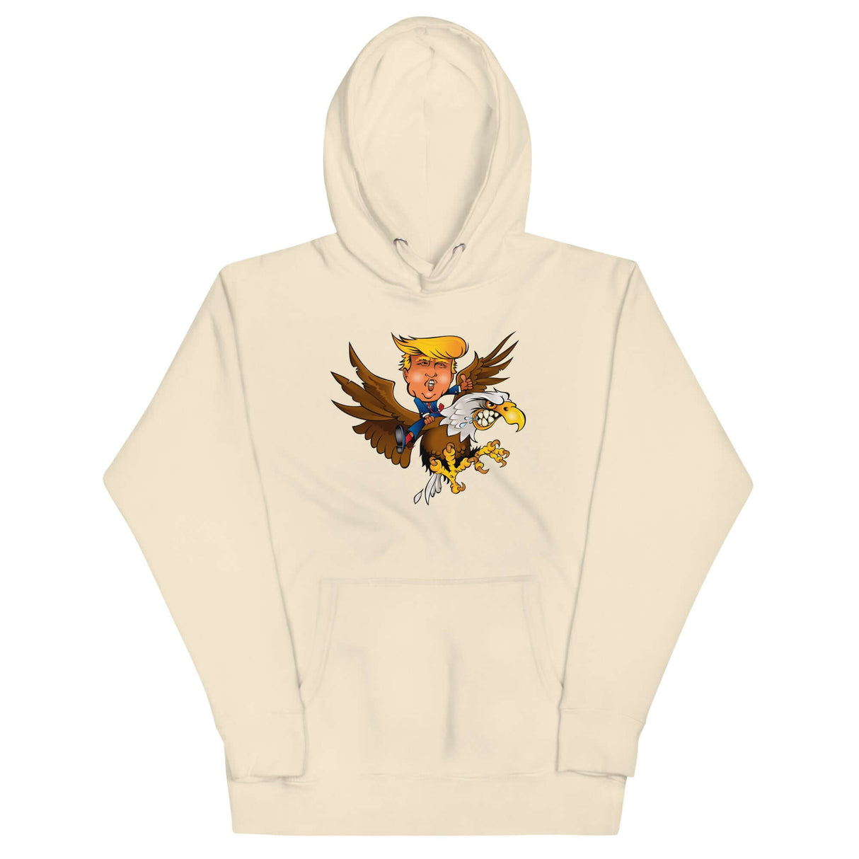 Trump riding a screaming eagle graphic on a beige hoodie, symbolizing leadership and resilience.