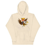 Trump riding a screaming eagle graphic on a beige hoodie, symbolizing leadership and resilience.