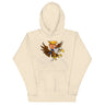 Trump riding a screaming eagle graphic on a beige hoodie, symbolizing leadership and resilience.