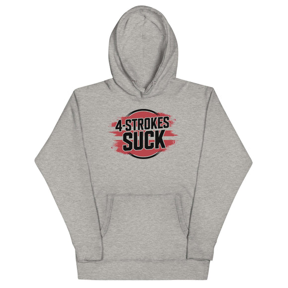 Gray hoodie with "4-Strokes Suck" logo, ideal for moto enthusiasts who prefer 2-stroke engines.