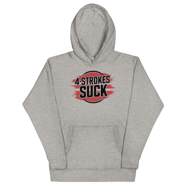 Gray hoodie with "4-Strokes Suck" logo, ideal for moto enthusiasts who prefer 2-stroke engines.