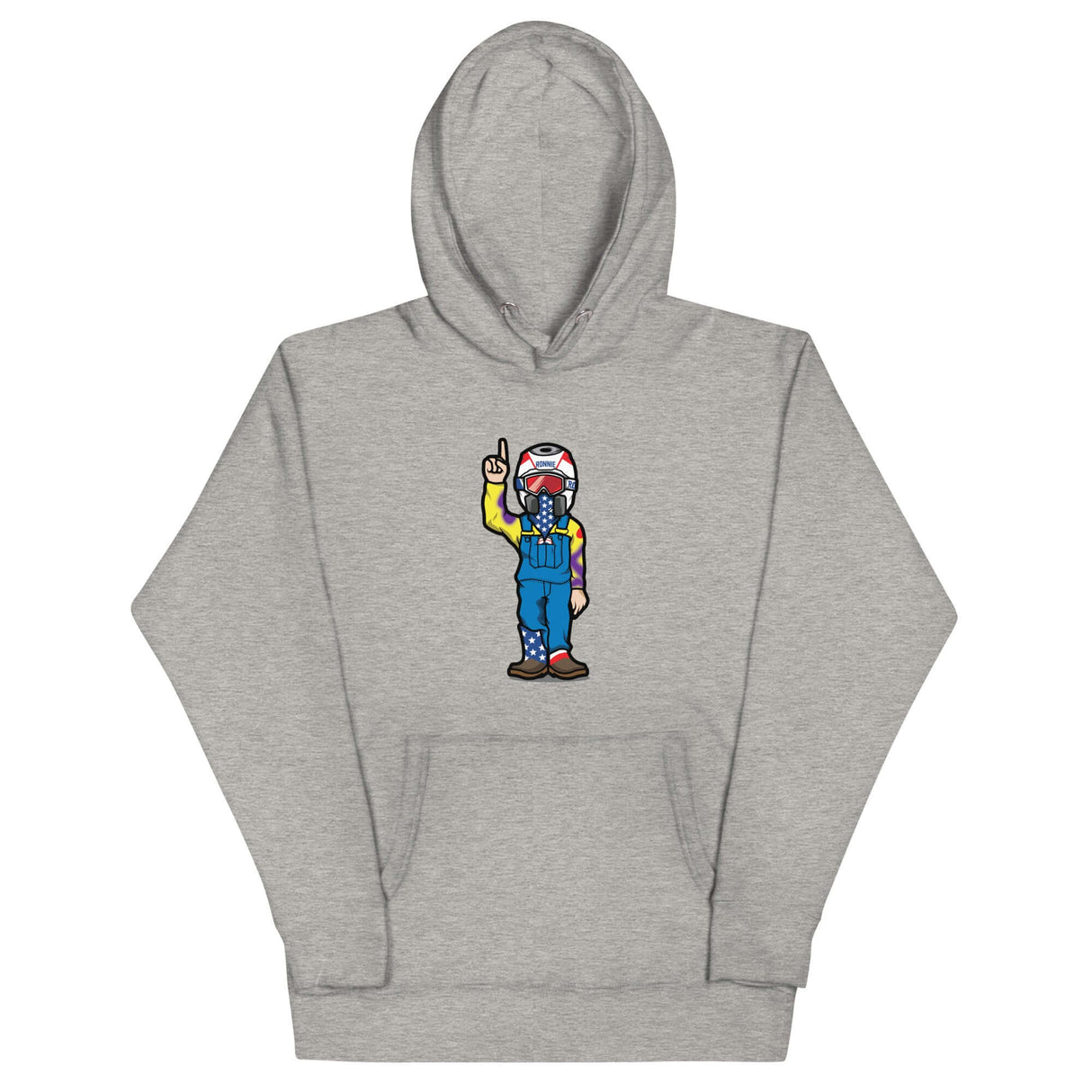 Grey character hoodie with unique RonnieMac design for standout style and attention on Tunder.