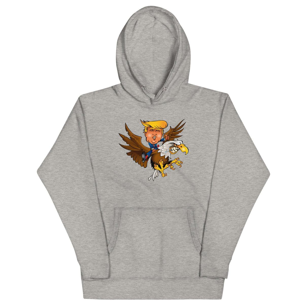 Trump riding a screaming eagle hoodie, showcasing a unique design for fashion-forward trendsetters.