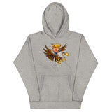 Trump riding a screaming eagle hoodie, showcasing a unique design for fashion-forward trendsetters.