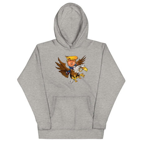 Trump riding a screaming eagle hoodie, showcasing a unique design for fashion-forward trendsetters.