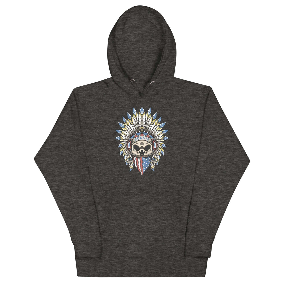 Ronnie Ghost Rider Hoodie with Skeleton Design, American Bandana, and Feathered Hat, perfect for moto fans and motocross enthusiasts.