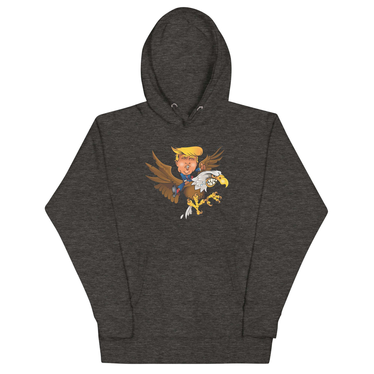Trump riding a screaming eagle graphic on a dark hoodie, perfect for trendsetters and fans of bold fashion statements.