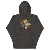 Trump riding a screaming eagle graphic on a dark hoodie, perfect for trendsetters and fans of bold fashion statements.