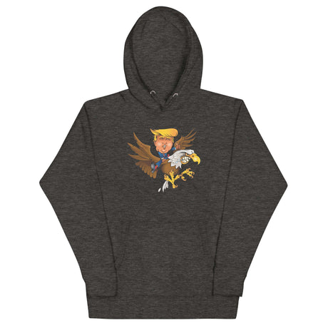 Trump riding a screaming eagle graphic on a dark hoodie, perfect for trendsetters and fans of bold fashion statements.