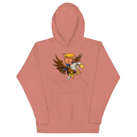 Trump riding a soaring eagle on a trendy hoodie, perfect for expressing bold fashion and leadership.