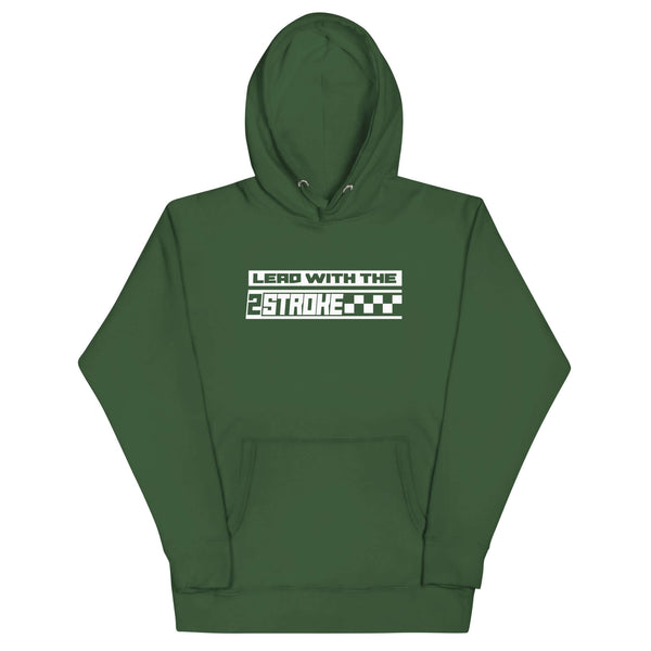 Green "Lead with the 2-Stroke" hoodie featuring bold, eye-catching design for moto enthusiasts and streetwear lovers