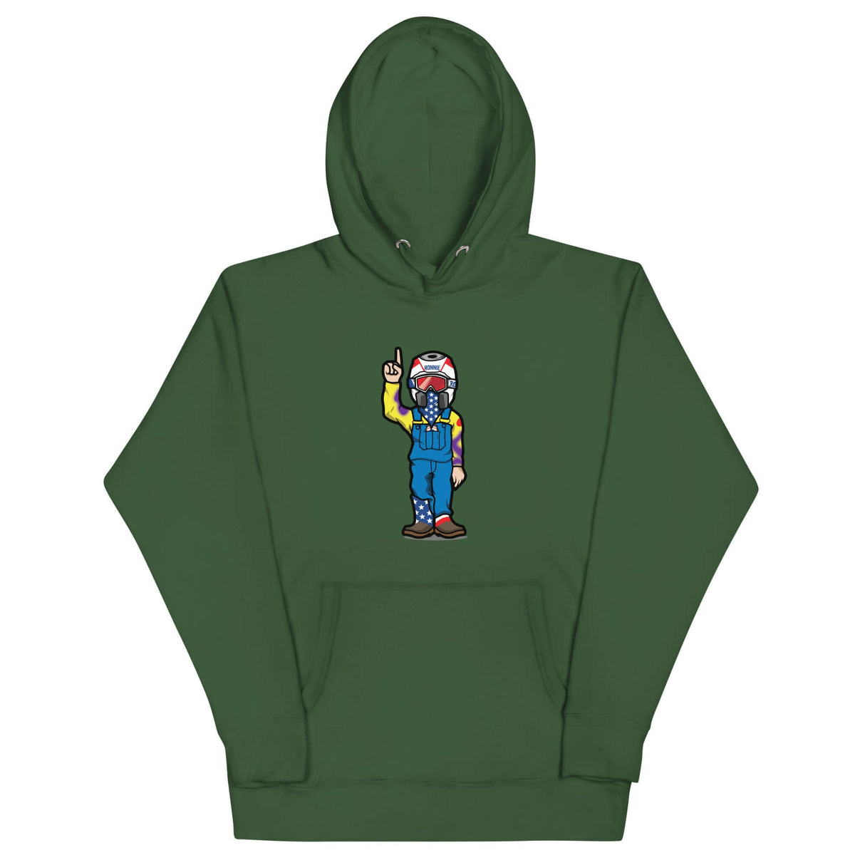Green RonnieMac character hoodie with unique design for standout style on Tunder.