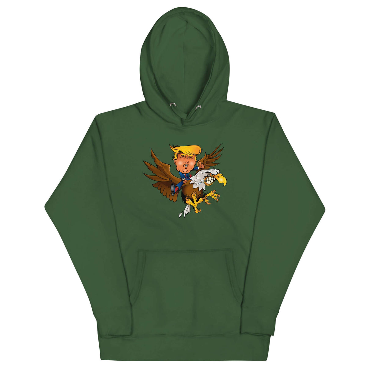 Trump-themed hoodie with a cartoon design of Trump riding a screaming eagle, perfect for showing your unique style.