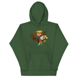 Trump-themed hoodie with a cartoon design of Trump riding a screaming eagle, perfect for showing your unique style.