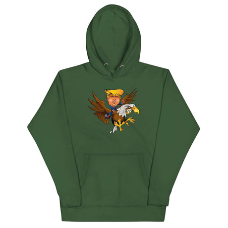 Trump-themed hoodie with a cartoon design of Trump riding a screaming eagle, perfect for showing your unique style.