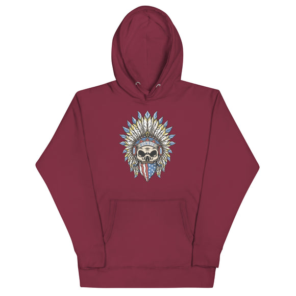 Maroon Ronnie Ghost Rider Hoodie with Skeleton, American Bandana, and Feathered Hat design captures motocross spirit.