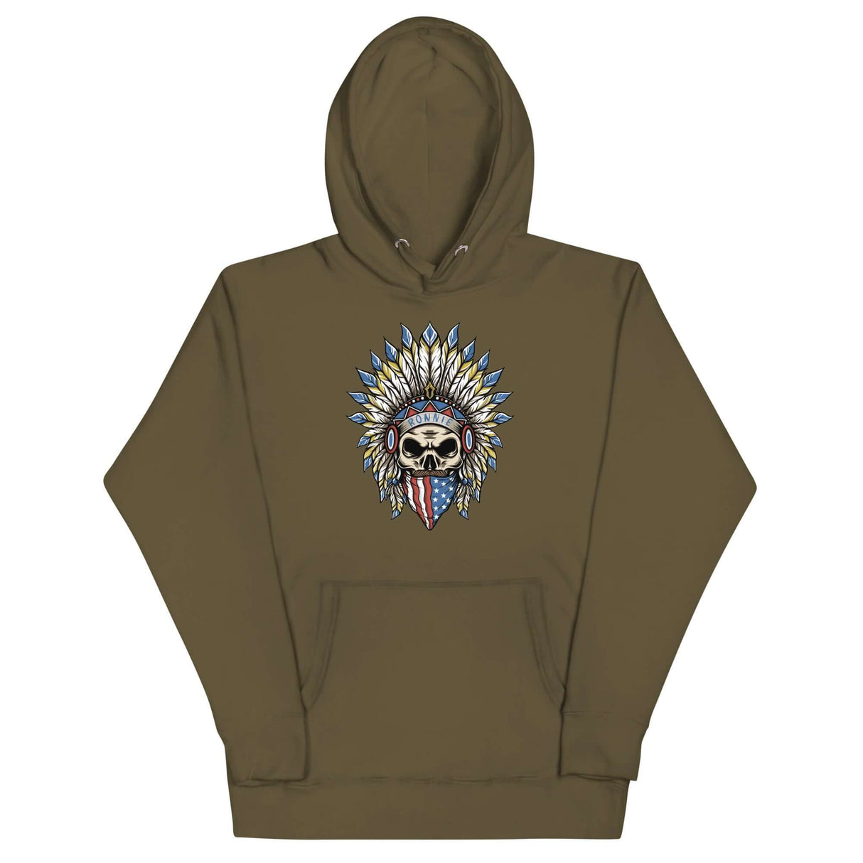 Ronnie Ghost Rider Hoodie featuring Skeleton Ronnie Mac design, American bandana, and feathered hat on olive background.