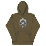 Ronnie Ghost Rider Hoodie featuring Skeleton Ronnie Mac design, American bandana, and feathered hat on olive background.