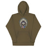 Ronnie Ghost Rider Hoodie featuring Skeleton Ronnie Mac design, American bandana, and feathered hat on olive background.