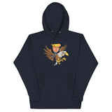 Trump riding a screaming eagle graphic hoodie, stylish and resilient for trendsetters and future leaders.