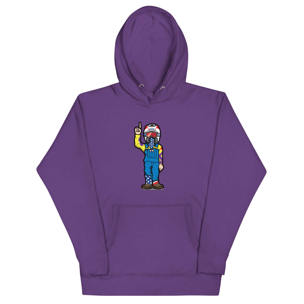 Purple RonnieMac character hoodie with unique graphic design for standout style.