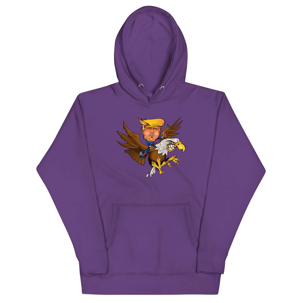 Purple hoodie featuring a cartoon of Trump riding a screaming eagle, perfect for trendsetters and future leaders.