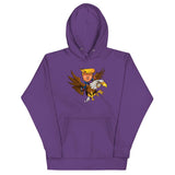 Purple hoodie featuring a cartoon of Trump riding a screaming eagle, perfect for trendsetters and future leaders.